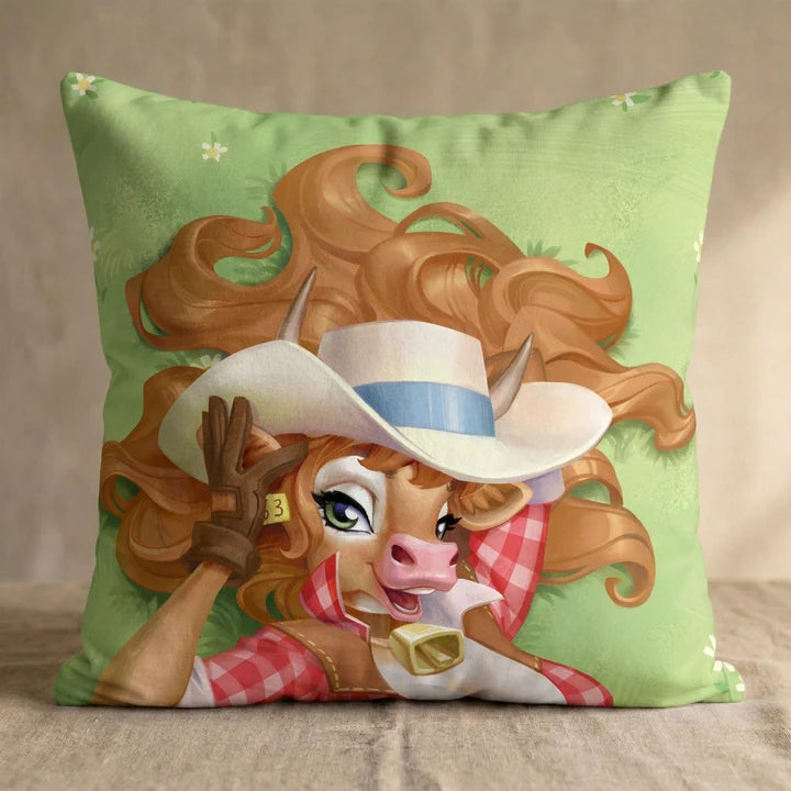 Jesse the Cow Female Head Pillow Cover square pillow mockup
