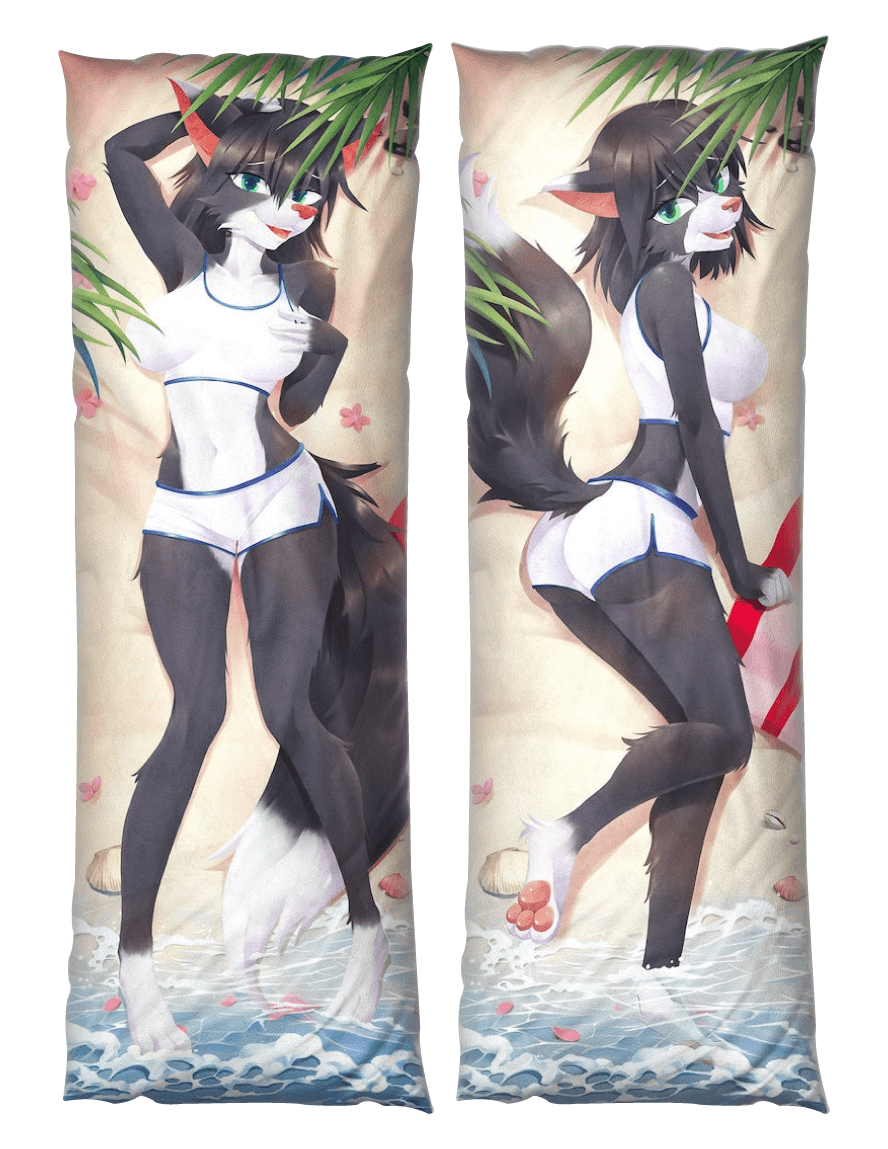 Daki Vanessa - Art by SparKitty -the Black and white cat girl clothing  undressed nude Dakimakura Furry Body Pillow Cover beach palm water - Furry Body  PIllows