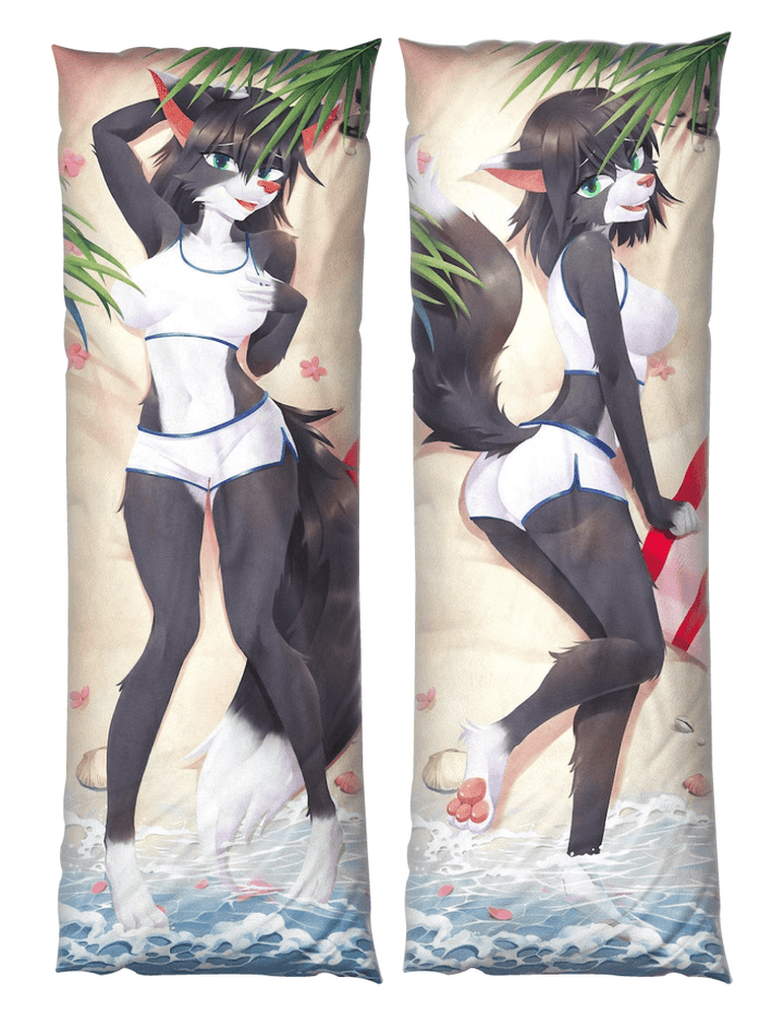 Daki Vanessa - Art by SparKitty -the Black and white cat girl clothing undressed nude Dakimakura Furry Body Pillow Cover beach palm water