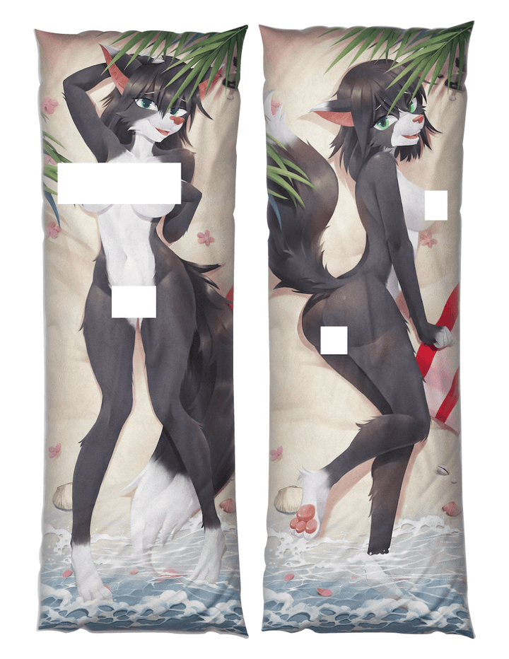 Daki Vanessa - Art by SparKitty -the Black and white cat girl clothing undressed nude Dakimakura Furry Body Pillow Cover beach palm water