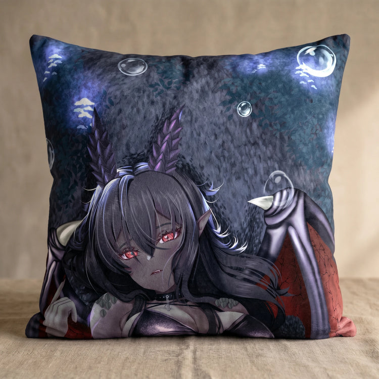 Agatha the Gray and Red Dragon Girl Female Head Pillow Cover back square pillow mockup