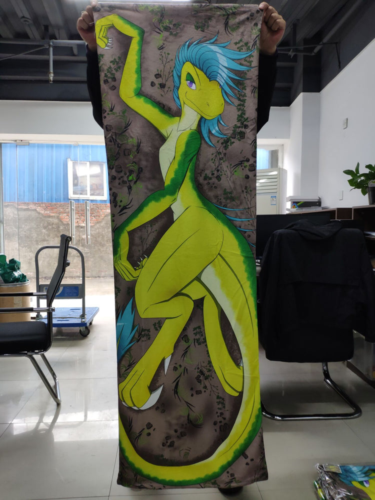 Old green raptor with blue hair by Jeson RC - archived dakimakura cover photo, other side