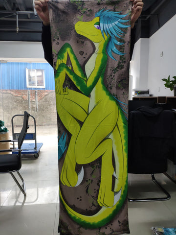 Old green raptor with blue hair by Jeson RC - archived dakimakura cover photo, first side