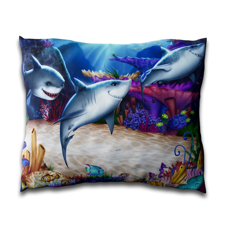 Shark - Art by J-Mark - Printed US Standard Pillow Cover for Bed, Shark Decor, Shark Gift, Nautical Pillow