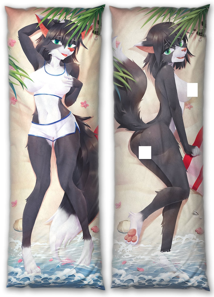 Daki Vanessa - Art by SparKitty -the Black and white cat girl clothing undressed nude Dakimakura Furry Body Pillow Cover beach palm water