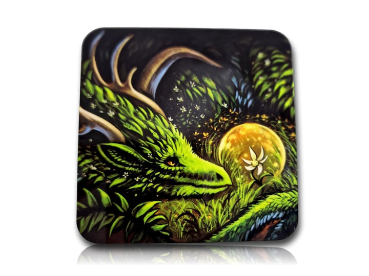 One Furry Art Cork Drink Coaster, Green Dragon warming coffee to go by Flash White Sublimation Printed Breakfast Tea Coffee Coaster