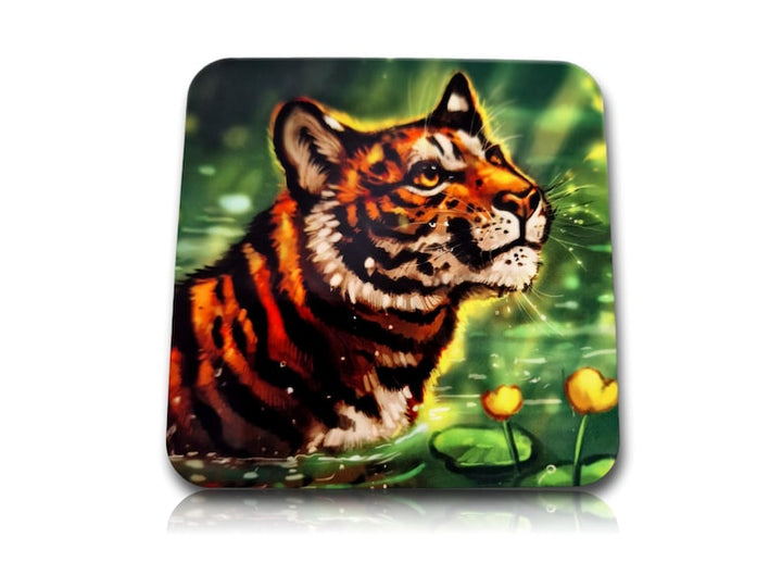 One Furry Art Cork Drink Coaster Tiger in the Lake by  Flash White Sublimation Printed Breakfast Tea Coffee Coaster