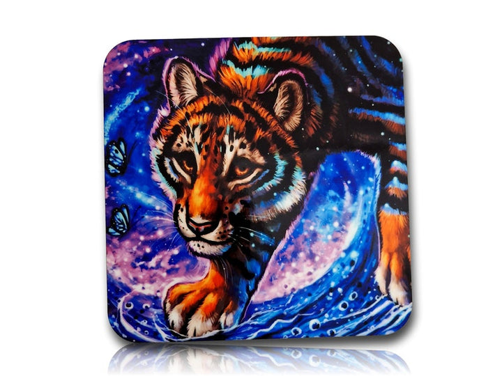 One Furry Art Cork Back Drink Coaster, Rainbow Tiger Sublimation Printed Coaster, Tiger Lover Gift, Tiger Illustration Coaster