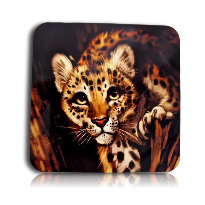 One Furry Art Cork Drink Coaster, leopard a night guest by FlashWhite, Sublimation Printed Breakfast Tea Coffee Coaster digitally painted
