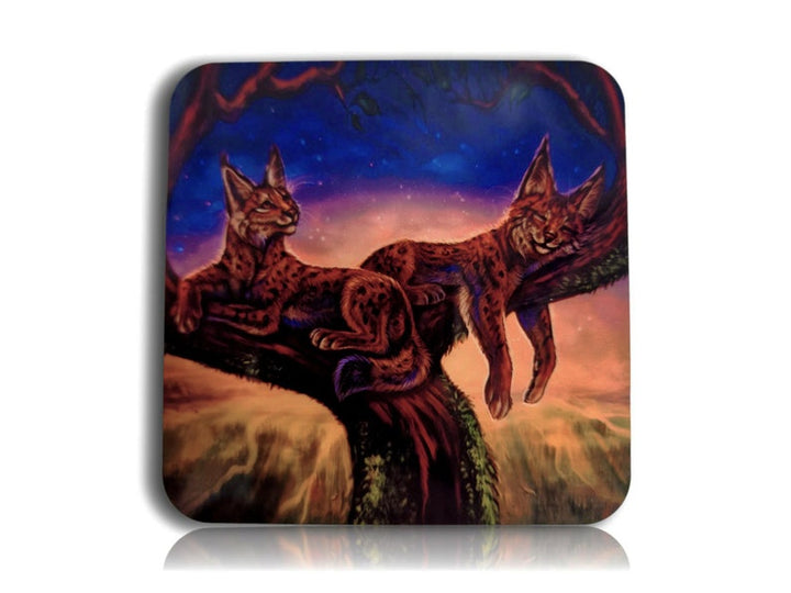One Furry Art Cork Drink Coaster pair of Lynx warming coffee to go by Flash White Sublimation Printed Breakfast Tea Coffee Coaster