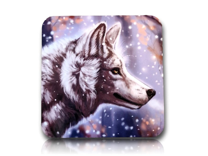 One Furry Art Cork Drink Coaster, Wolf warming coffee to go by  Flash White Sublimation Printed Breakfast Tea Coffee Coaster
