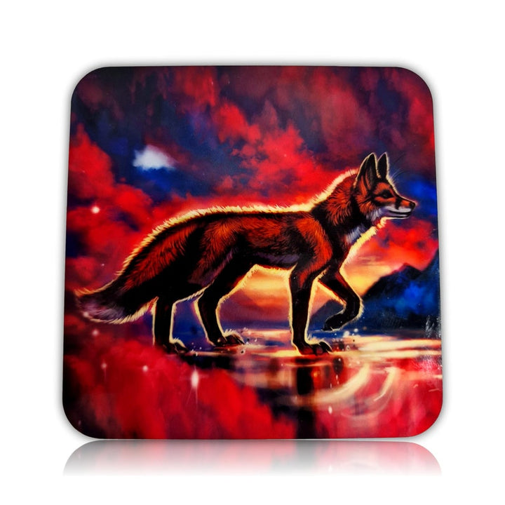 One Furry Art Cork Drink Coaster, red fox by Flash W Sublimation Printed Breakfast Tea Coffee Coaster with red sunset in the background