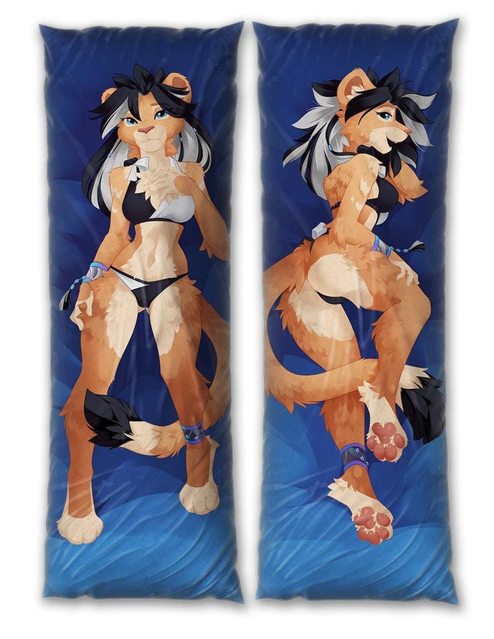 Daki Orice - Art by dreamweaver - the orange and brown lion girl Dakimakura Furry, Nude, Pillow Cover white and black hair