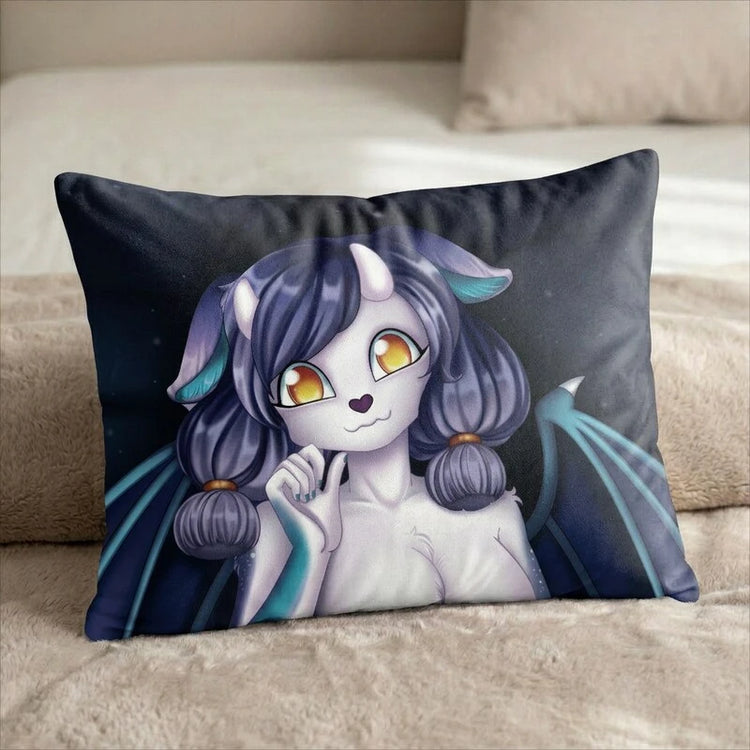 Lia Lamatt the White and Purple Bat Dragon Female Head Pillow Cover front US standard pillow mockup