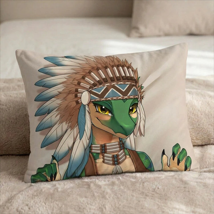 Lirana the green Raptor Female Head Pillow Cover front US standard pillow mockup