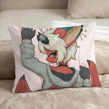 Sinto the Cute and Shy Red Femboy Dragon by Arca Male Head Pillow Cover back US standard pillow mockup