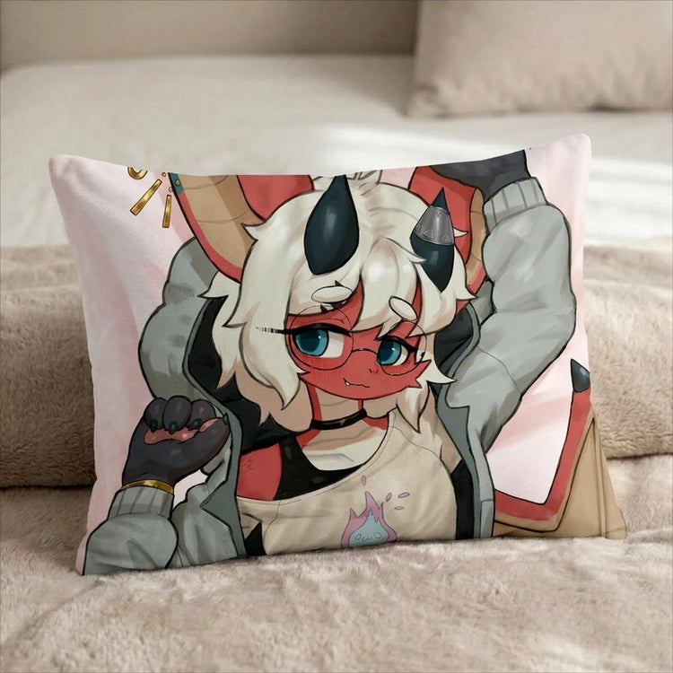Sinto the Cute and Shy Red Femboy Dragon by Arca Male Head Pillow Cover front US standard pillow mockup