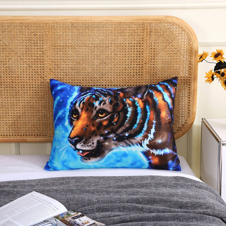 Tiger Printed US Standard Furry Pillow Cover for Bed, Animal Throw Pillow, Safari Nursery Decor, Jungle Nursery Decor, blue galaxy Pillow,