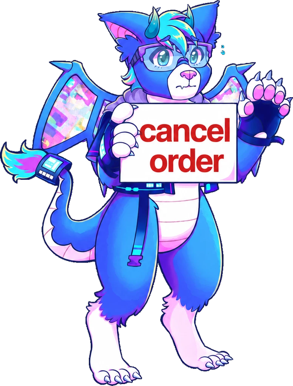 FBP mascot holding a cancel order sign